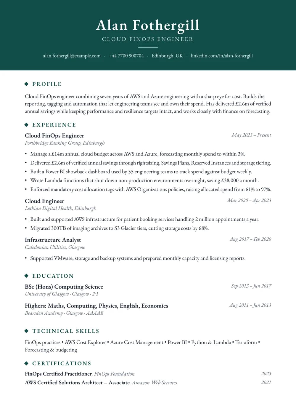 Cloud FinOps Engineer CV template