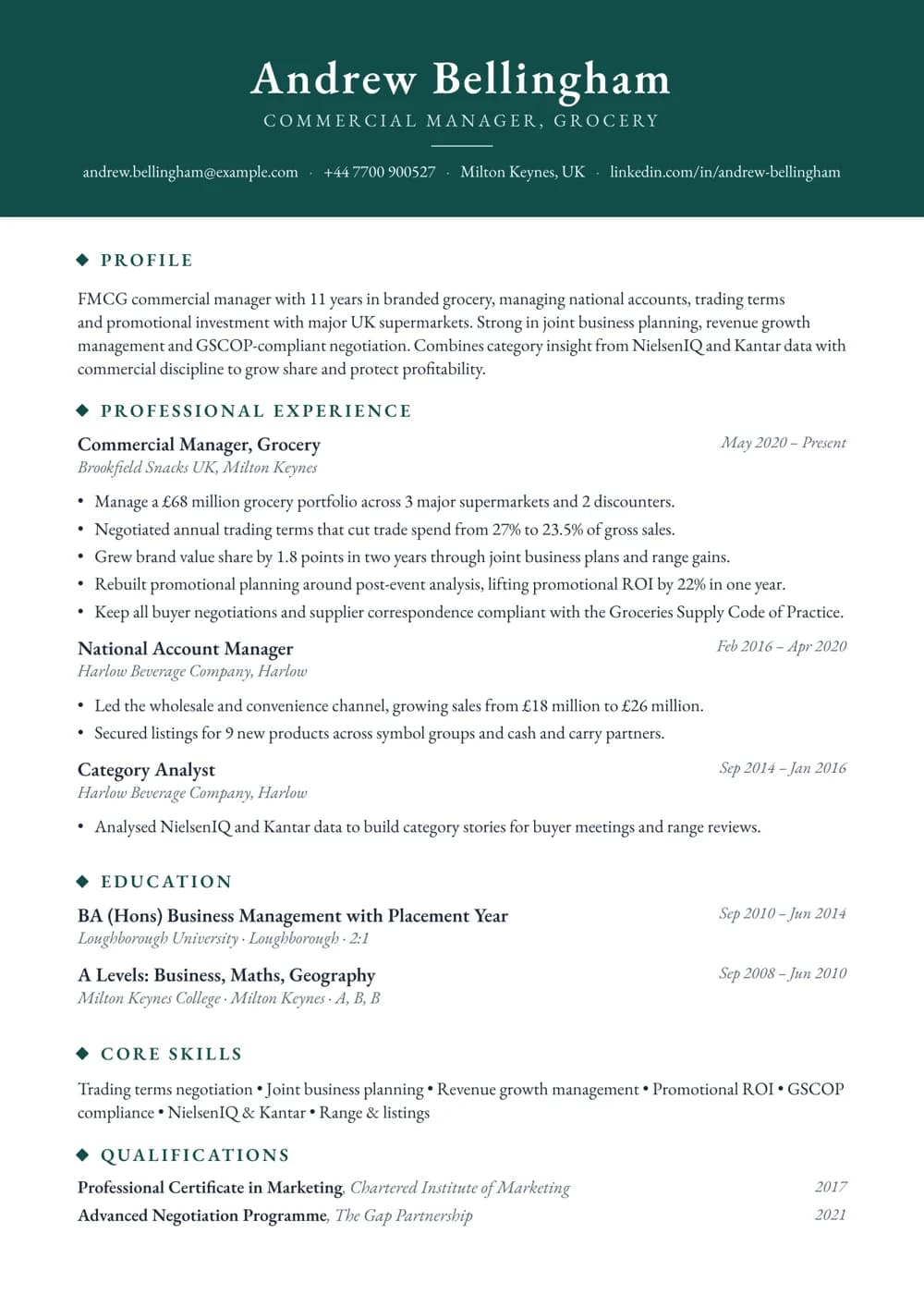 FMCG Commercial Manager CV template