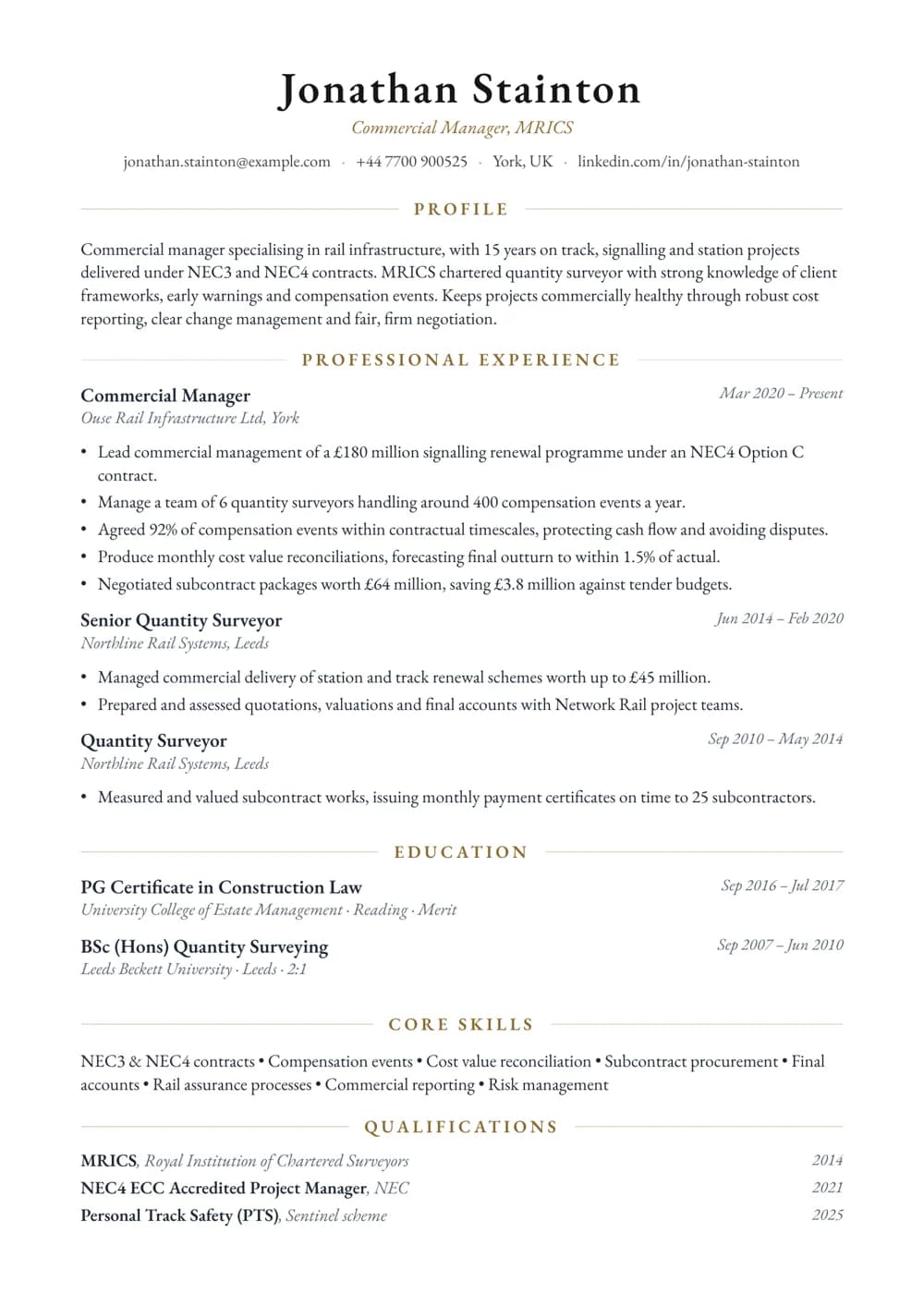 Rail Commercial Manager CV template