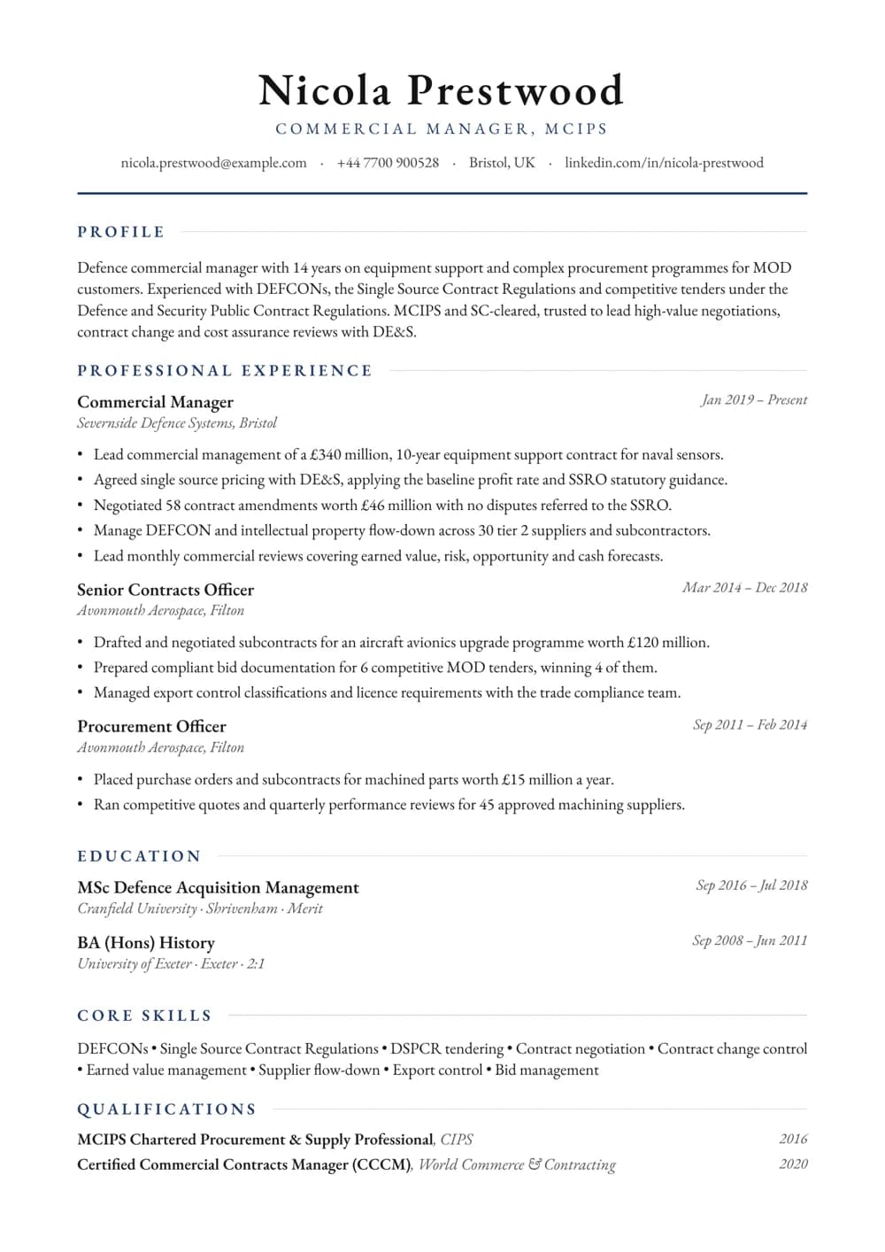Defence Commercial Manager CV template