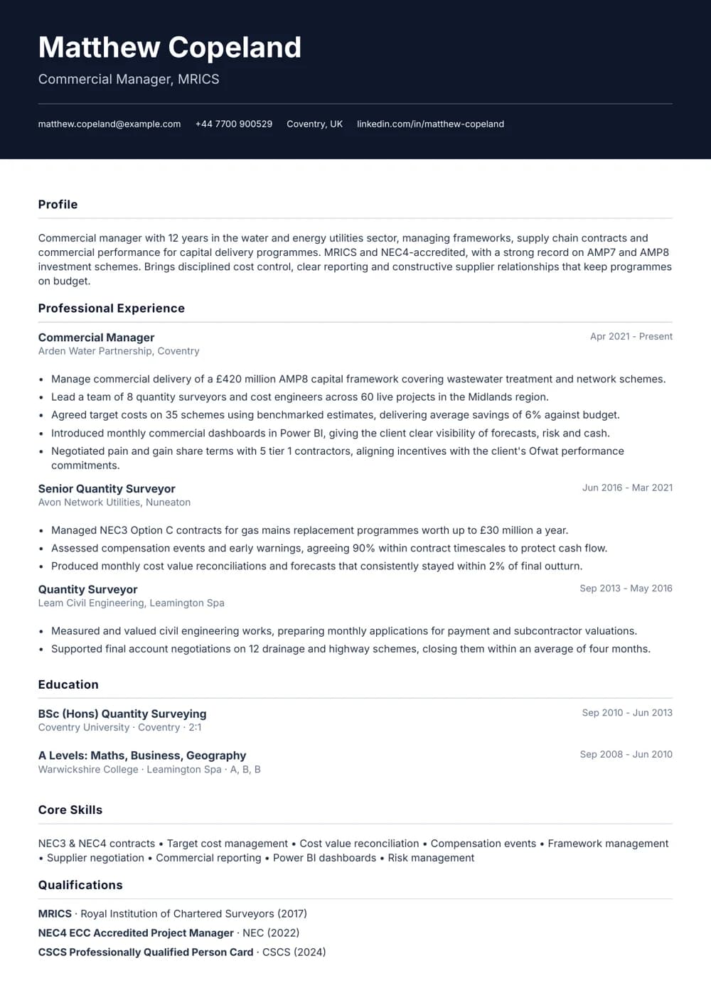 Utilities Commercial Manager CV template