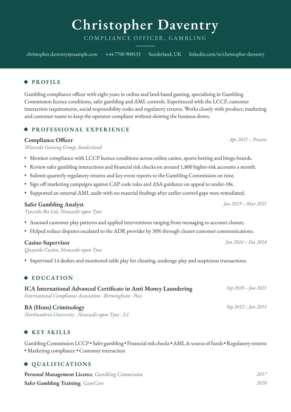 Gambling Compliance Officer CV template