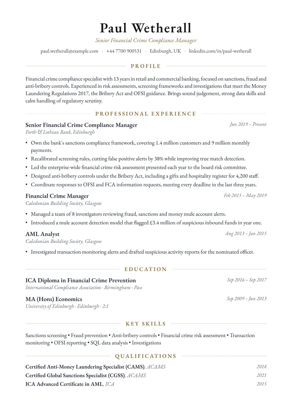 Financial Crime Specialist CV template
