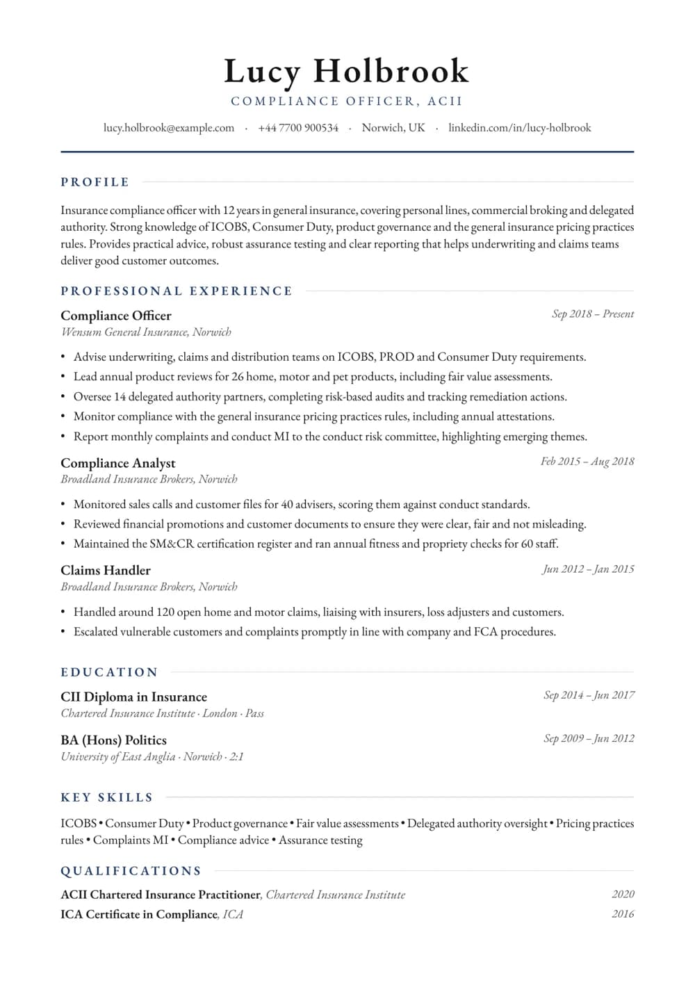 Insurance Compliance Officer CV template