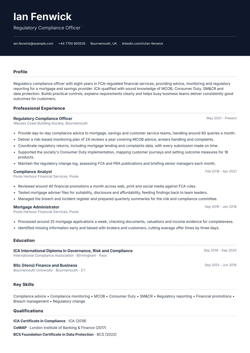 Regulatory Compliance Officer CV template