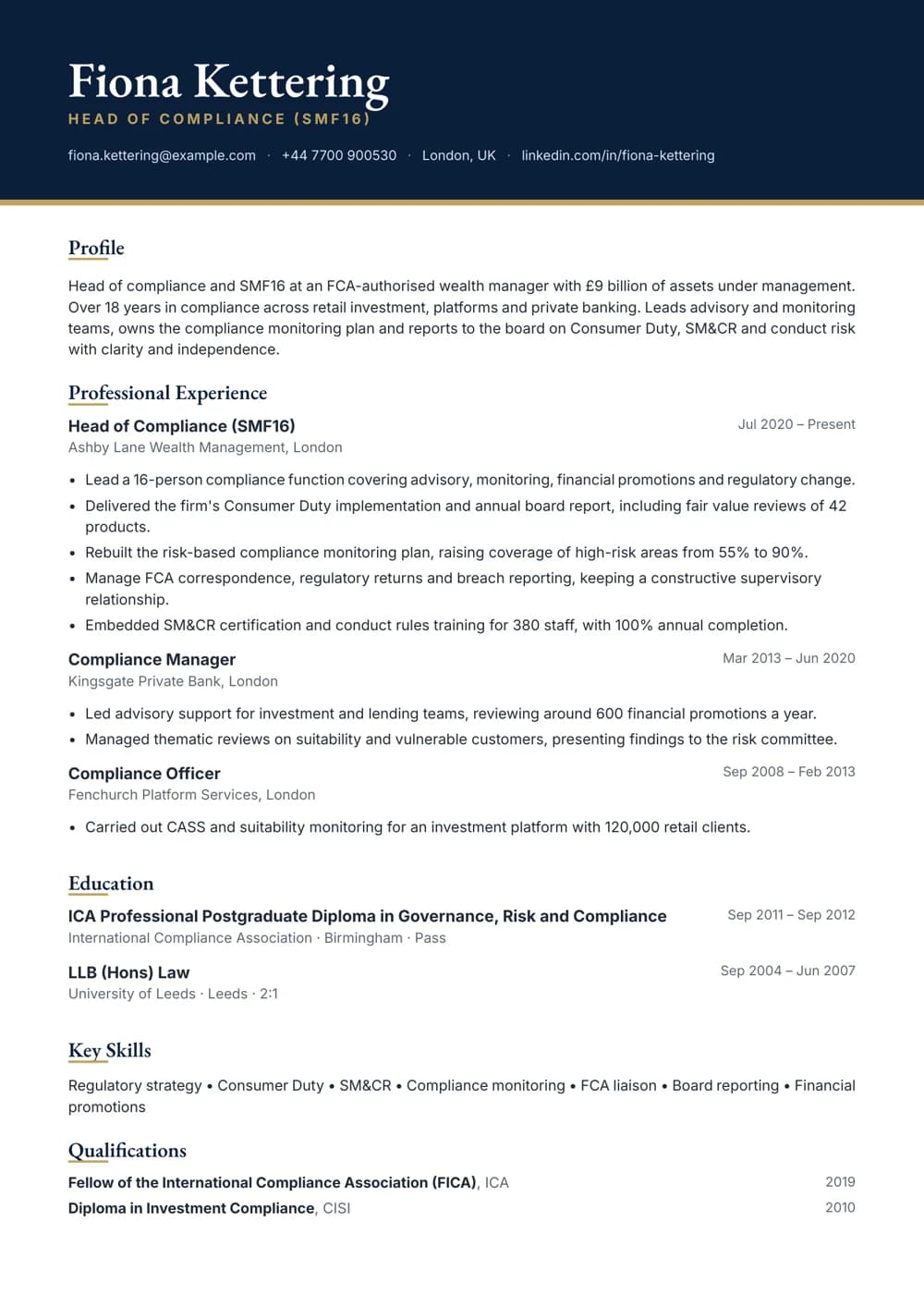 Head of Compliance CV template
