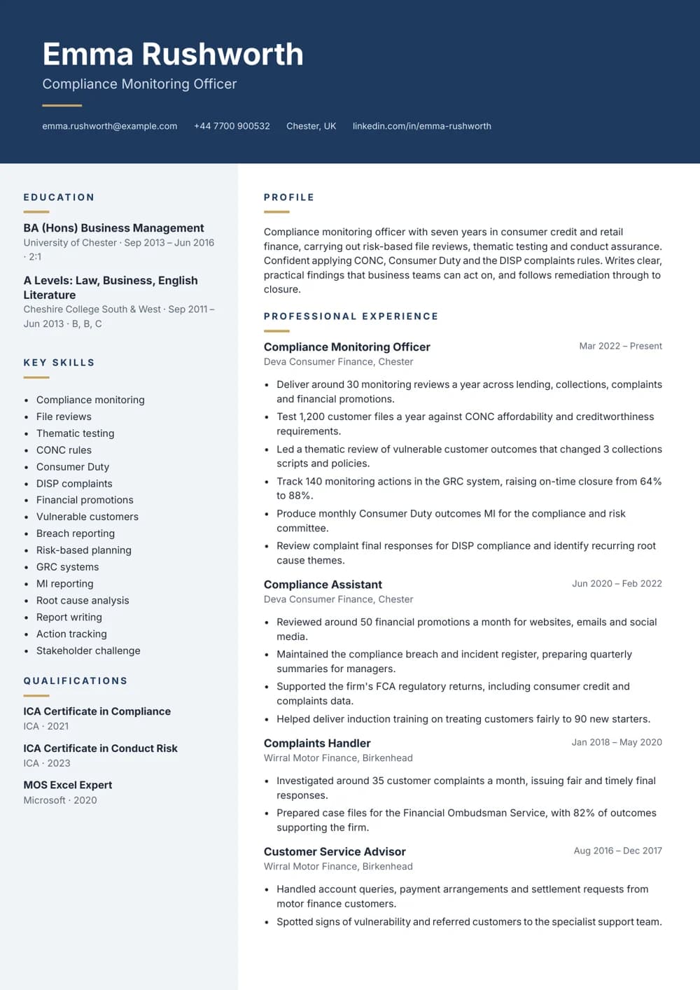 Compliance Monitoring Officer CV template