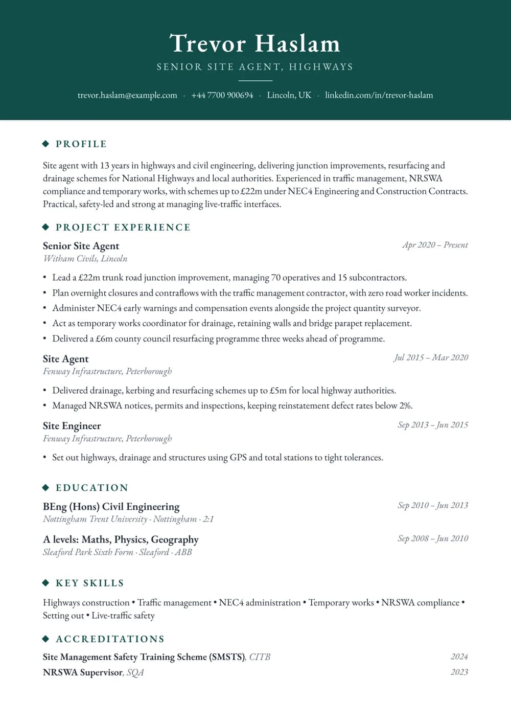 Highways Site Agent CV template