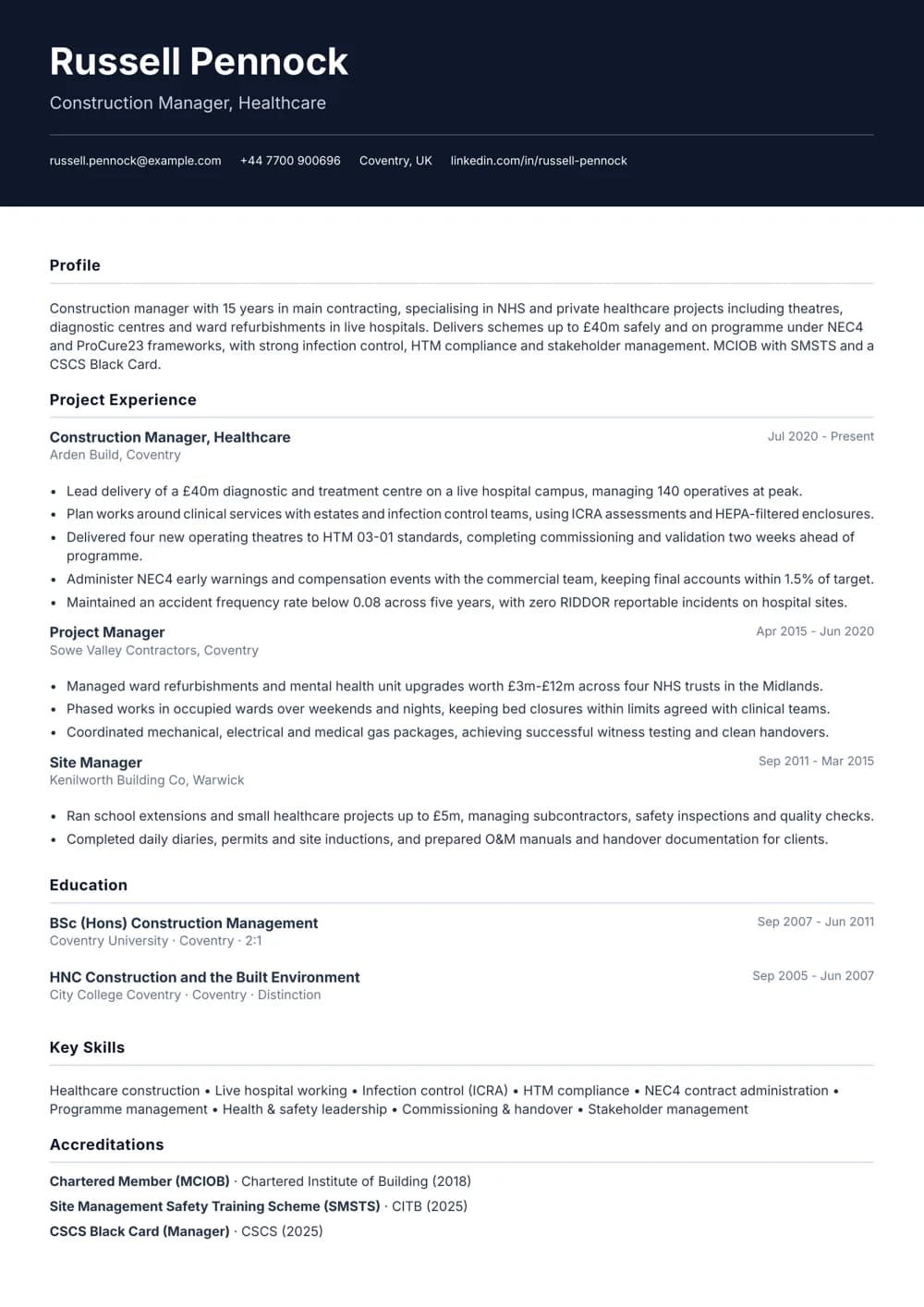 Healthcare Construction Manager CV template