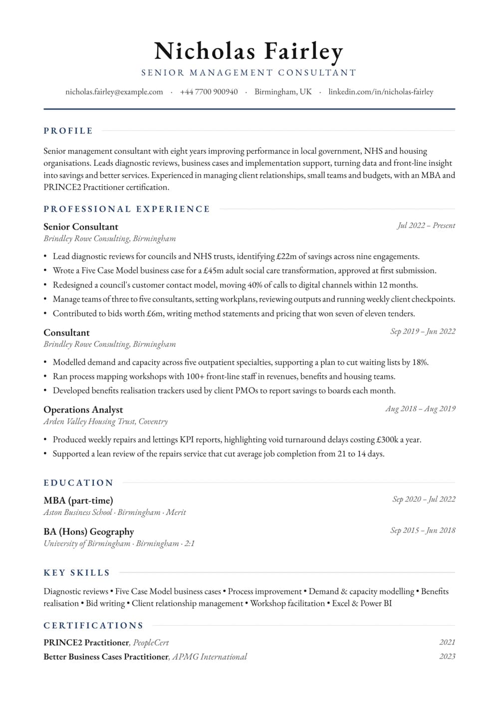 senior management consultant cv template