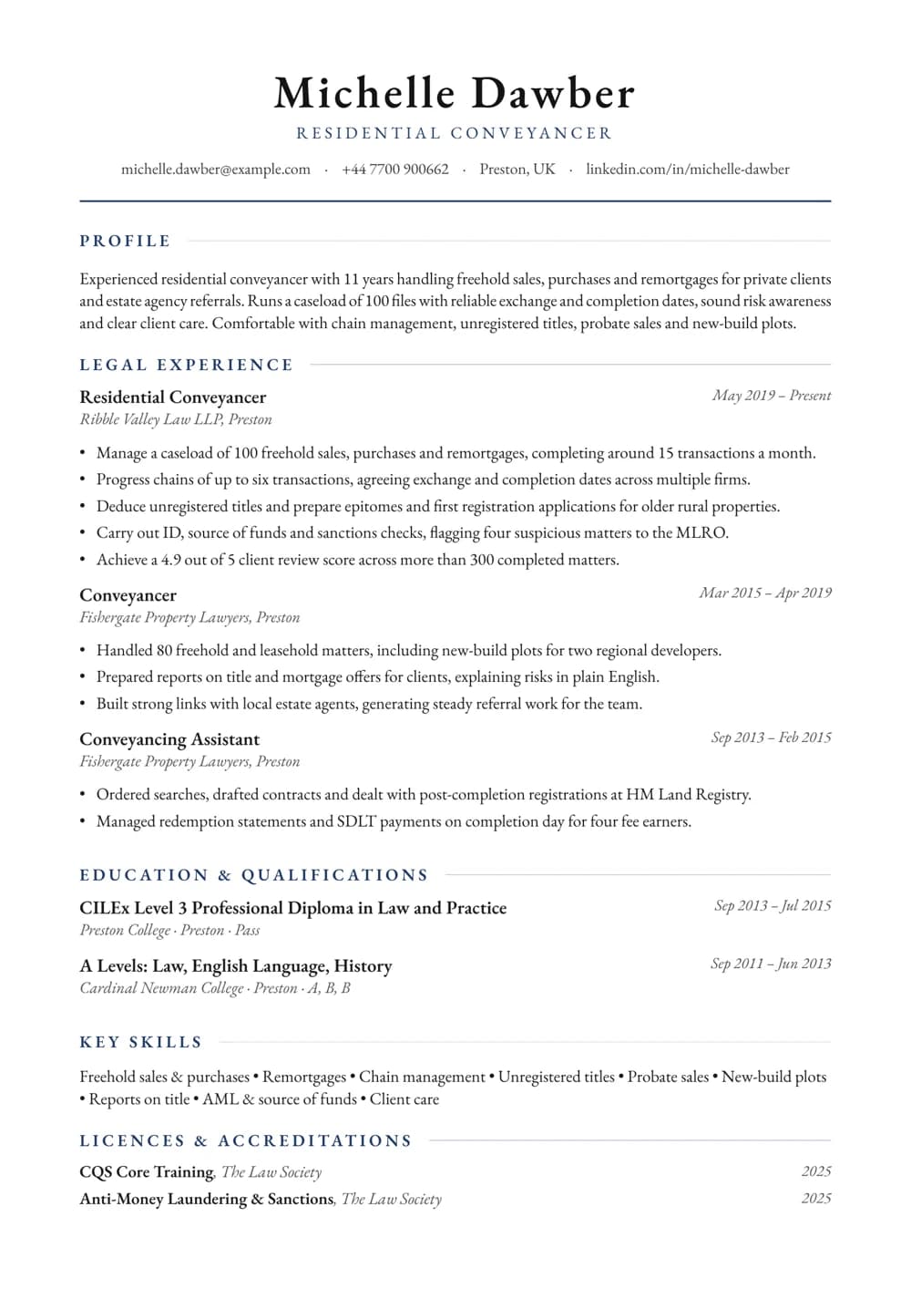 Freehold Sales & Purchases Conveyancer CV template