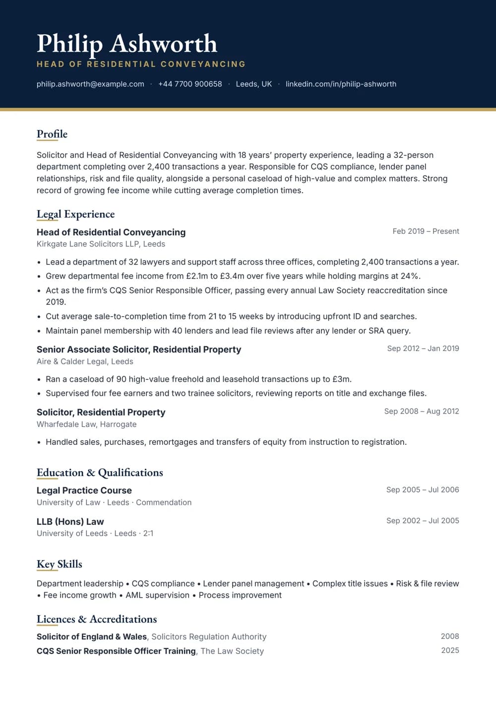 Head of Residential Conveyancing CV template