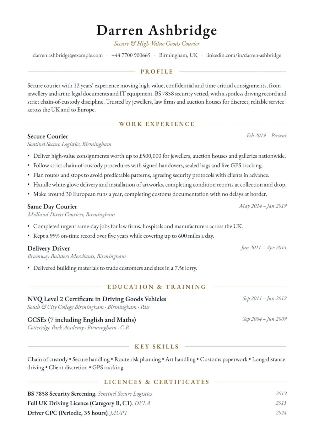 High-Value & Secure Courier CV template