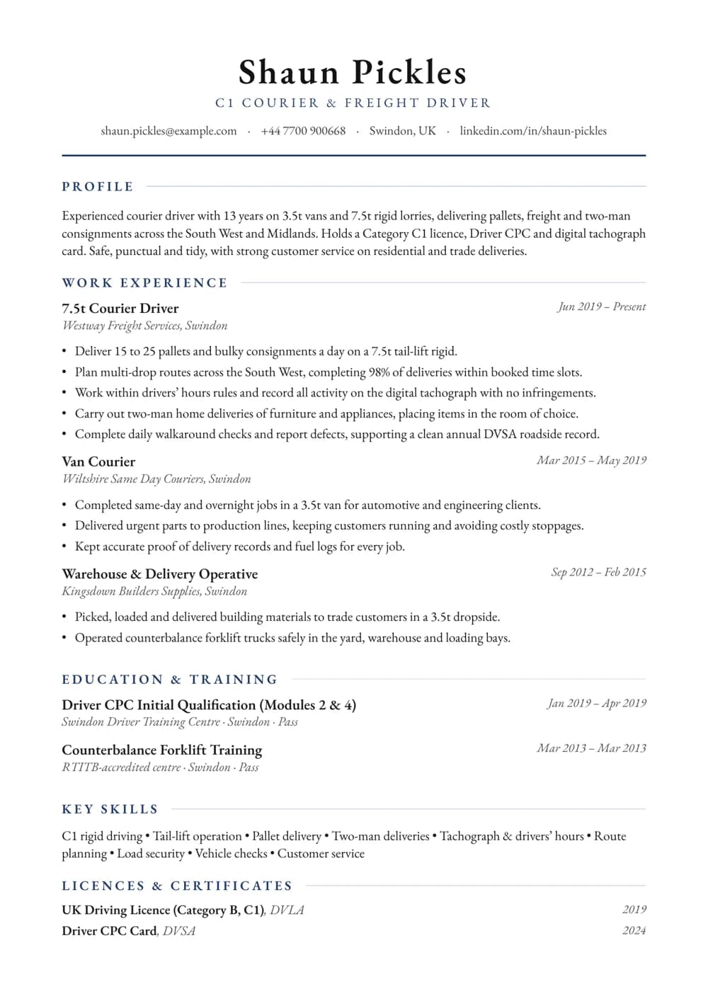 7.5 Tonne Courier Driver CV template