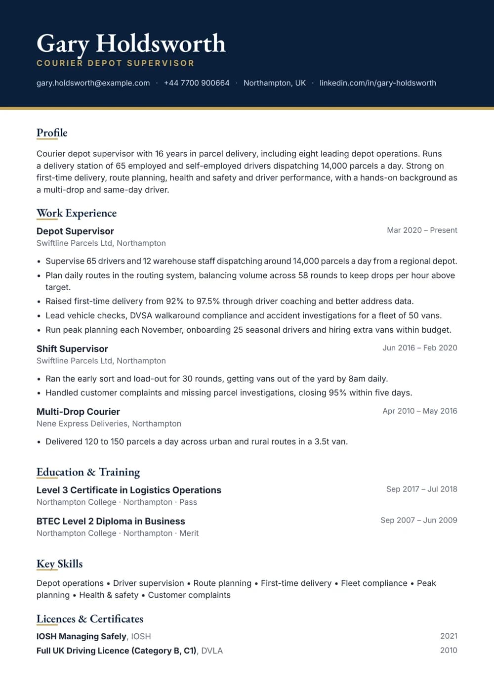 courier depot supervisor cv template