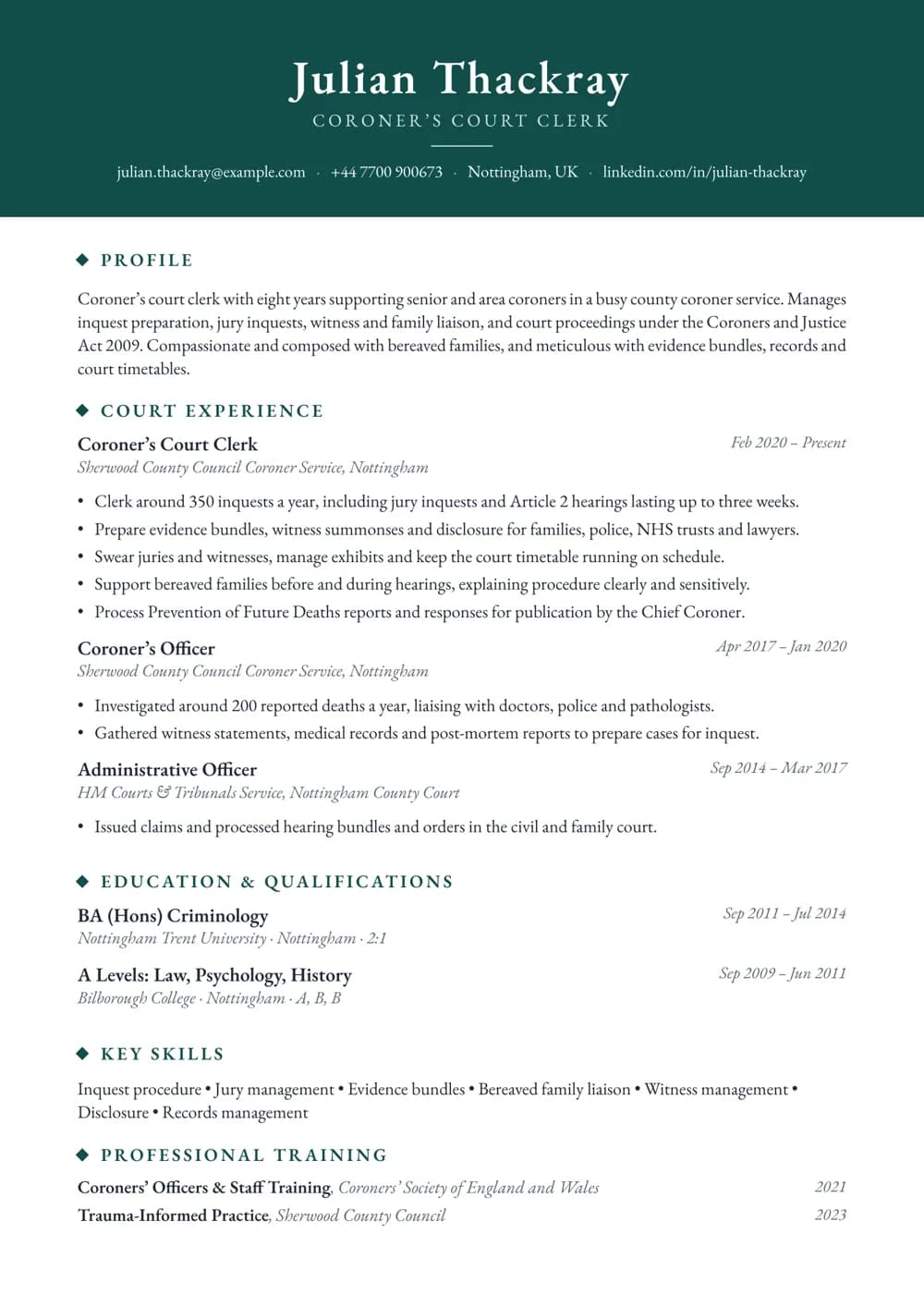 Coroner’s Court Clerk CV template