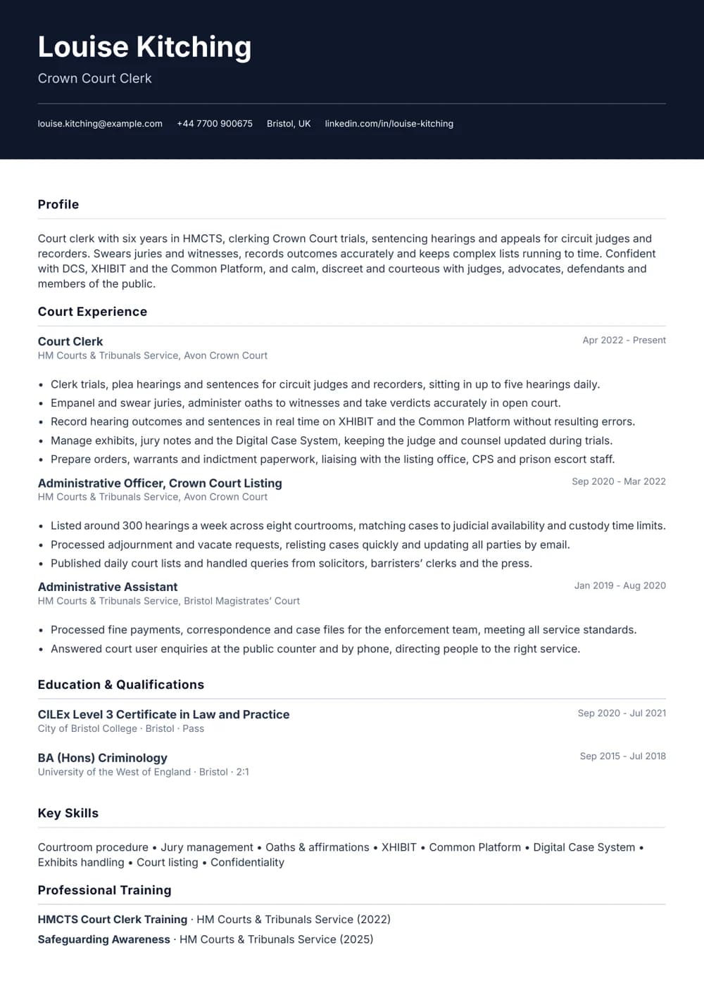 Courtroom Clerk CV template