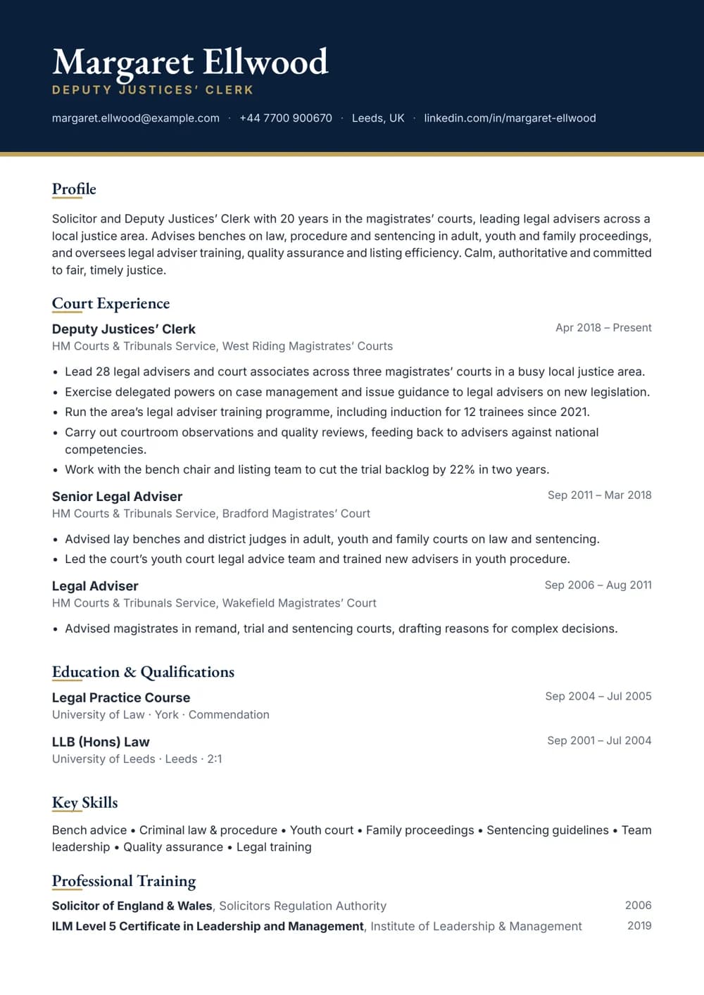 Deputy Justices’ Clerk CV template