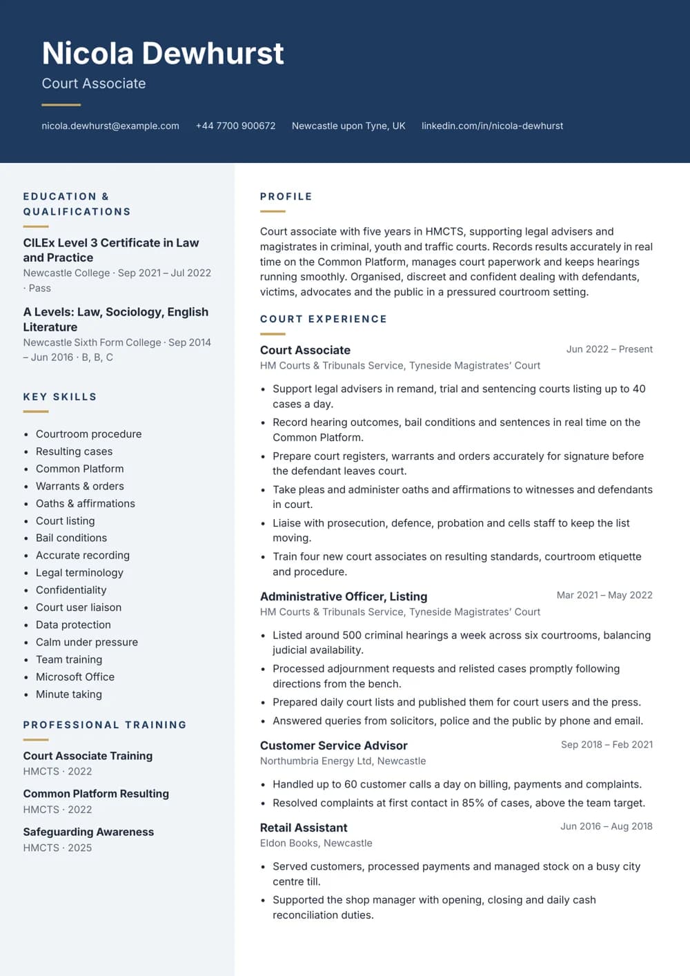 Court Associate CV template