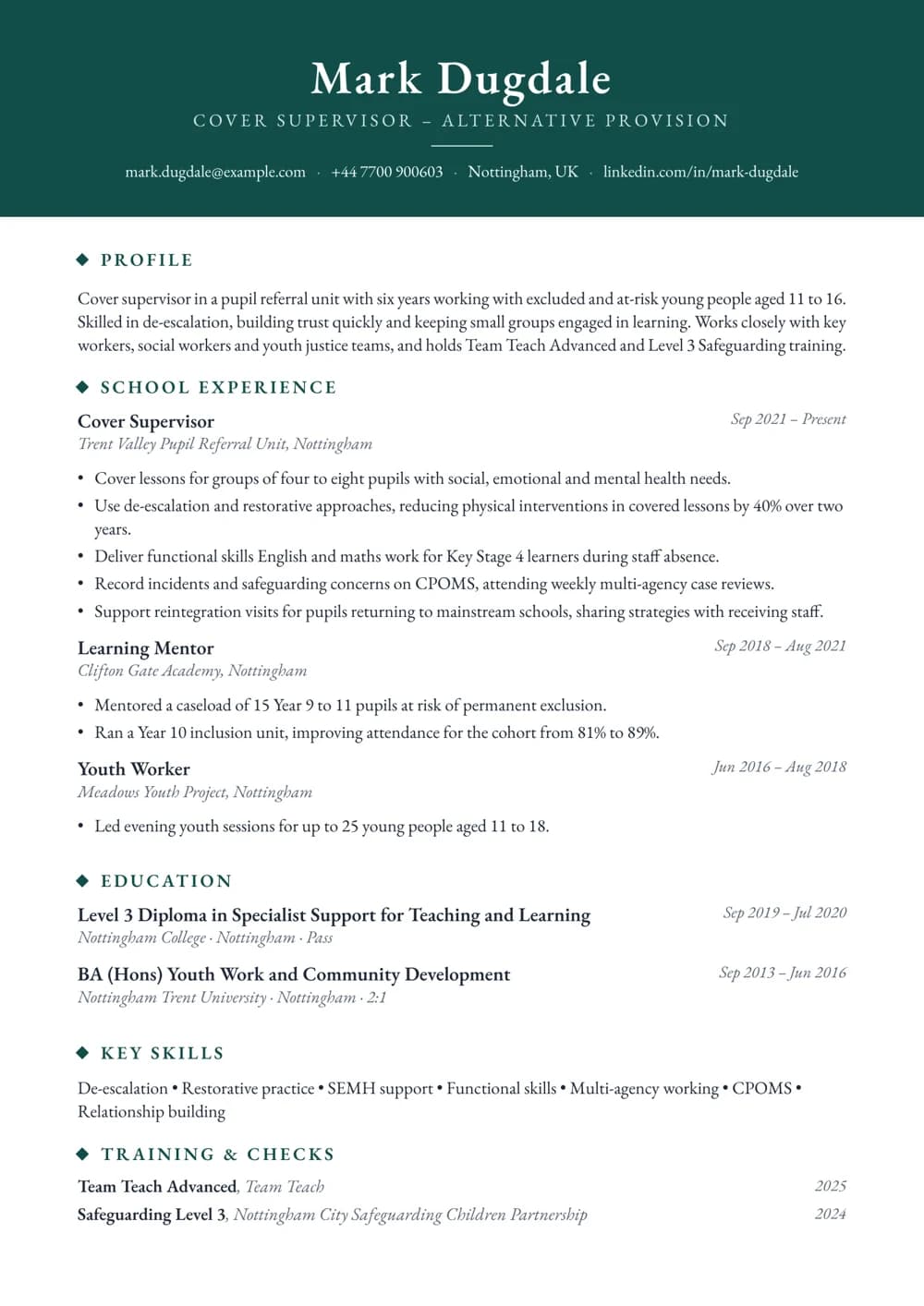 Alternative Provision Cover Supervisor CV template