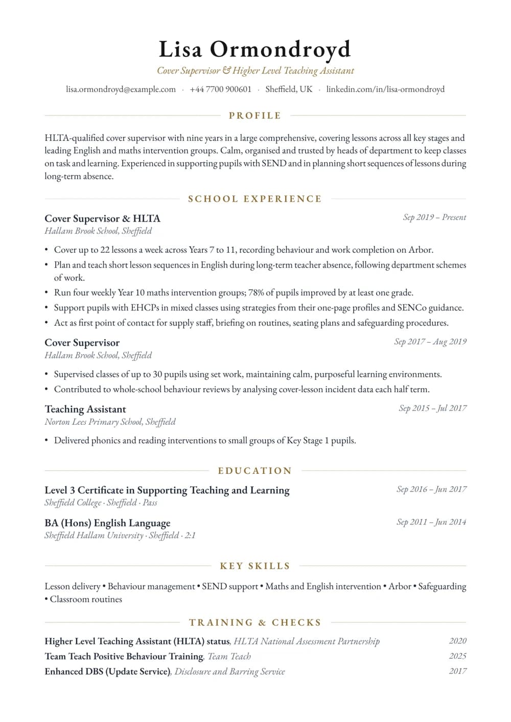 Cover Supervisor and HLTA CV template