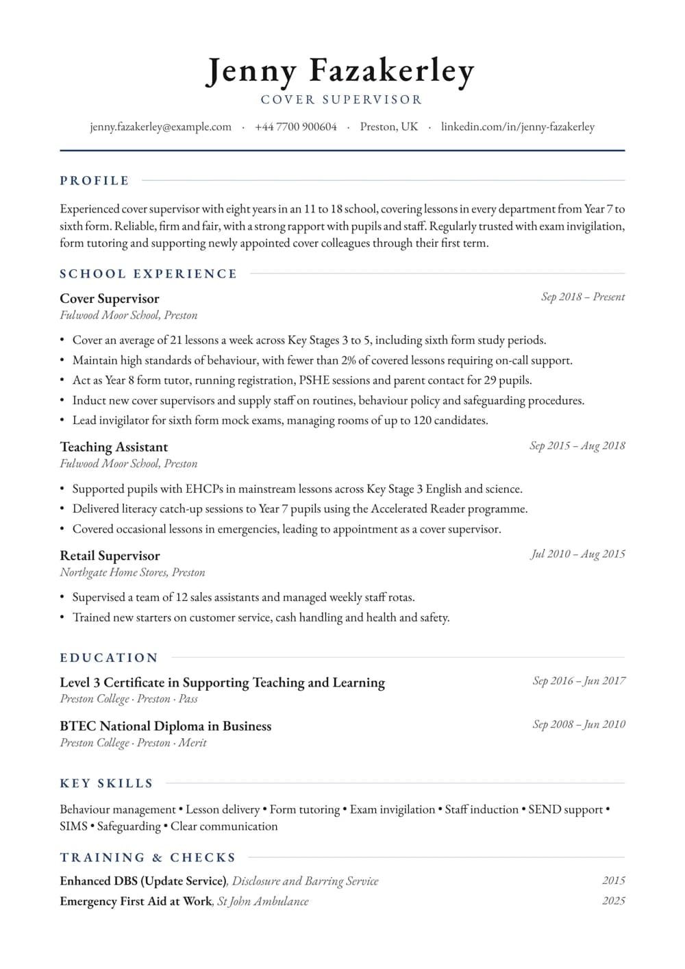 Experienced Cover Supervisor CV template