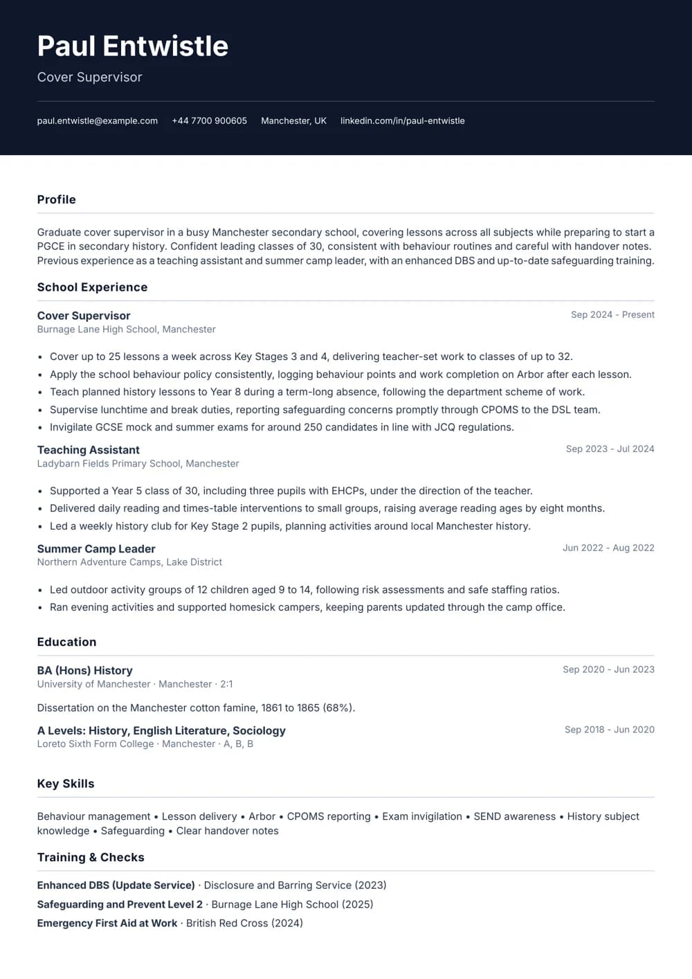 Graduate Cover Supervisor CV template