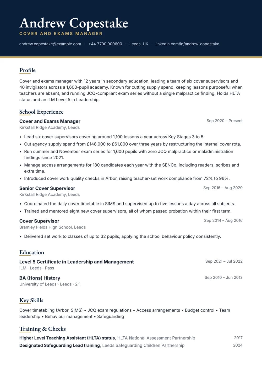Cover and Exams Manager CV template
