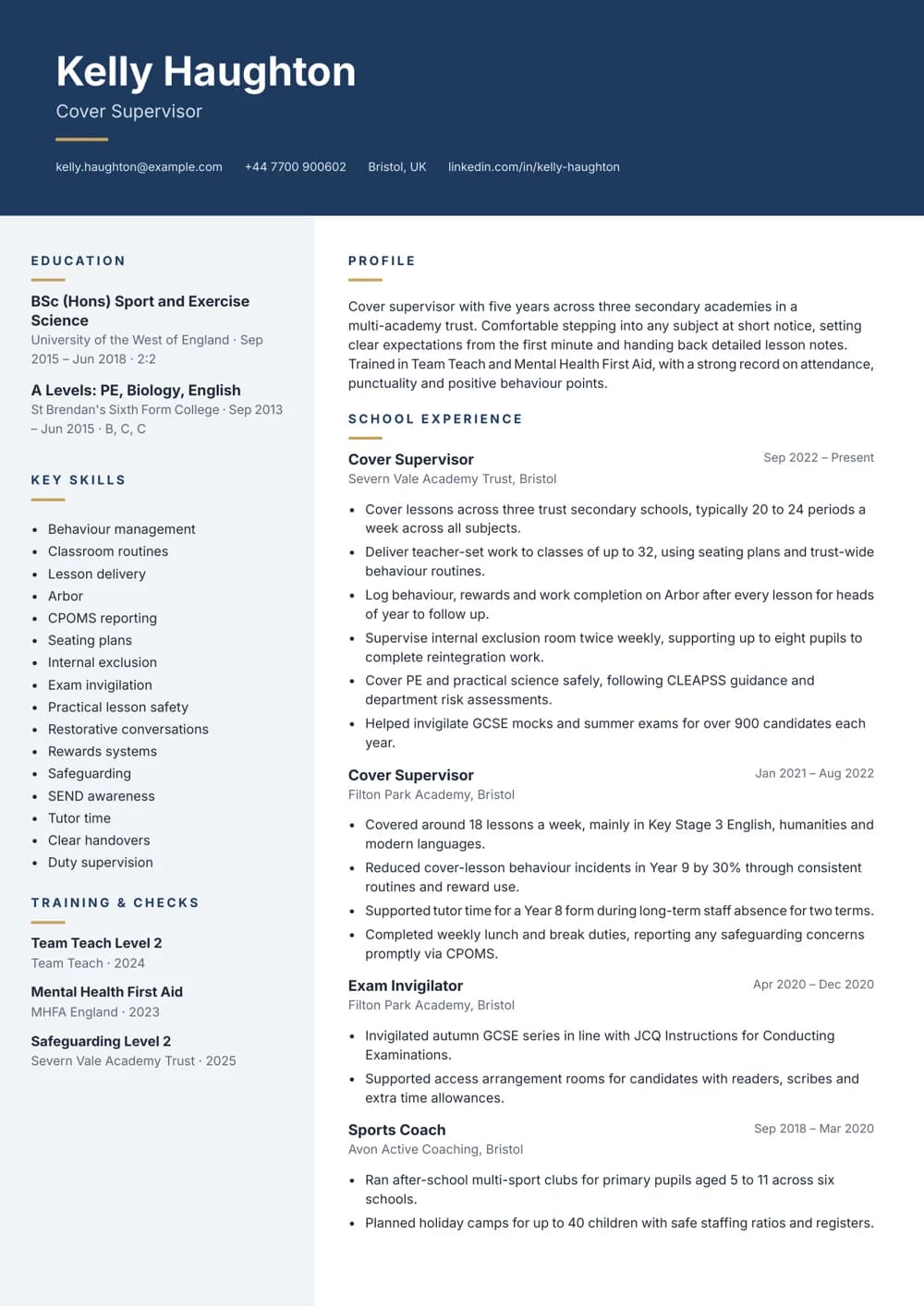 Academy Trust Cover Supervisor CV template