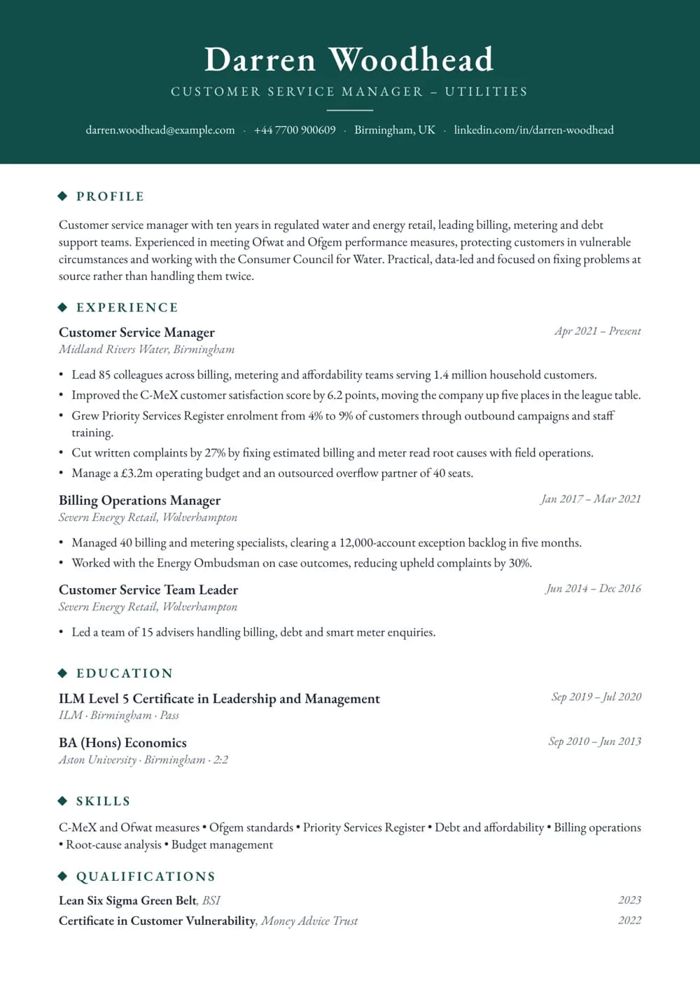 Utilities Customer Service Manager CV template