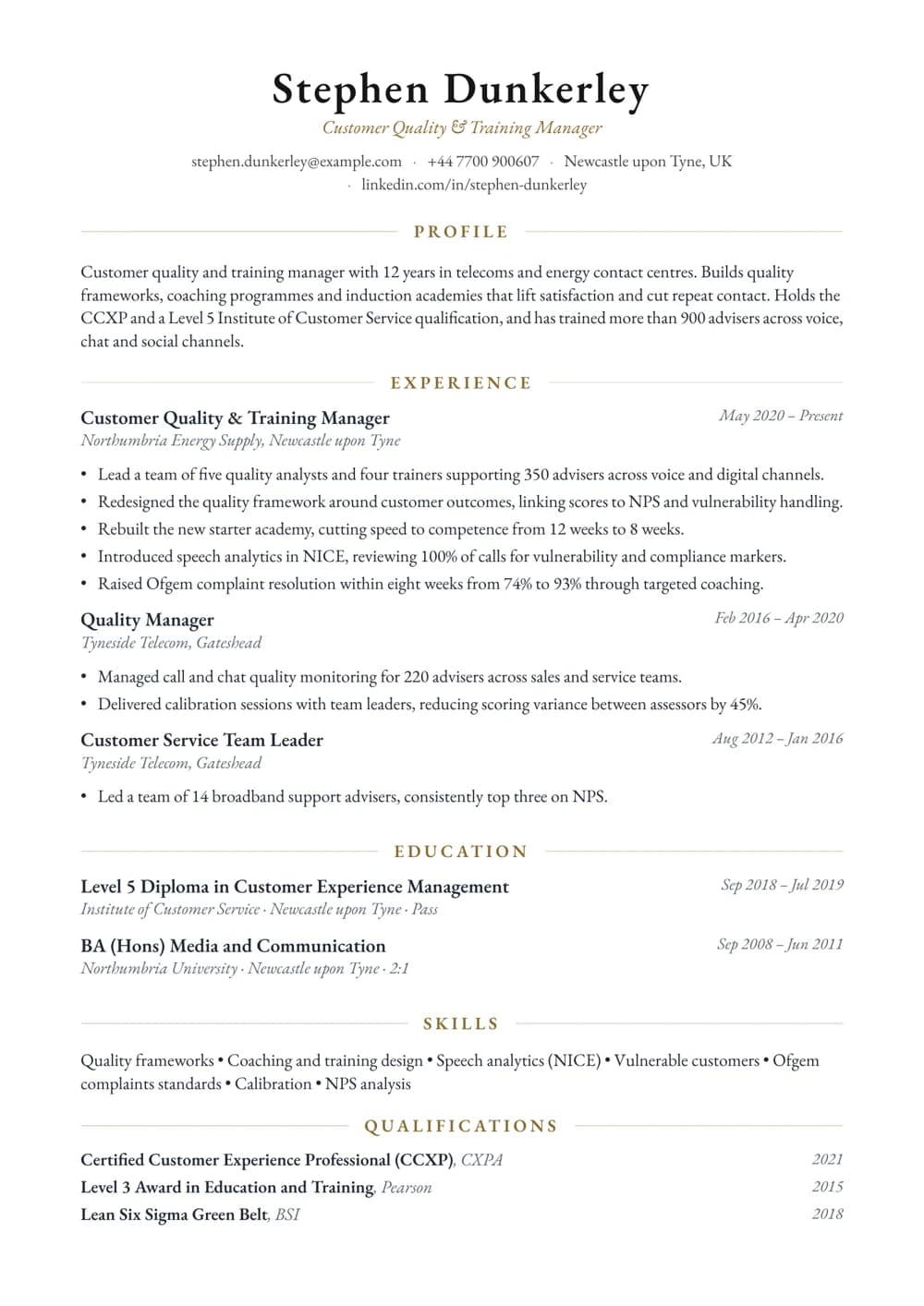 Customer Quality and Training Manager CV template