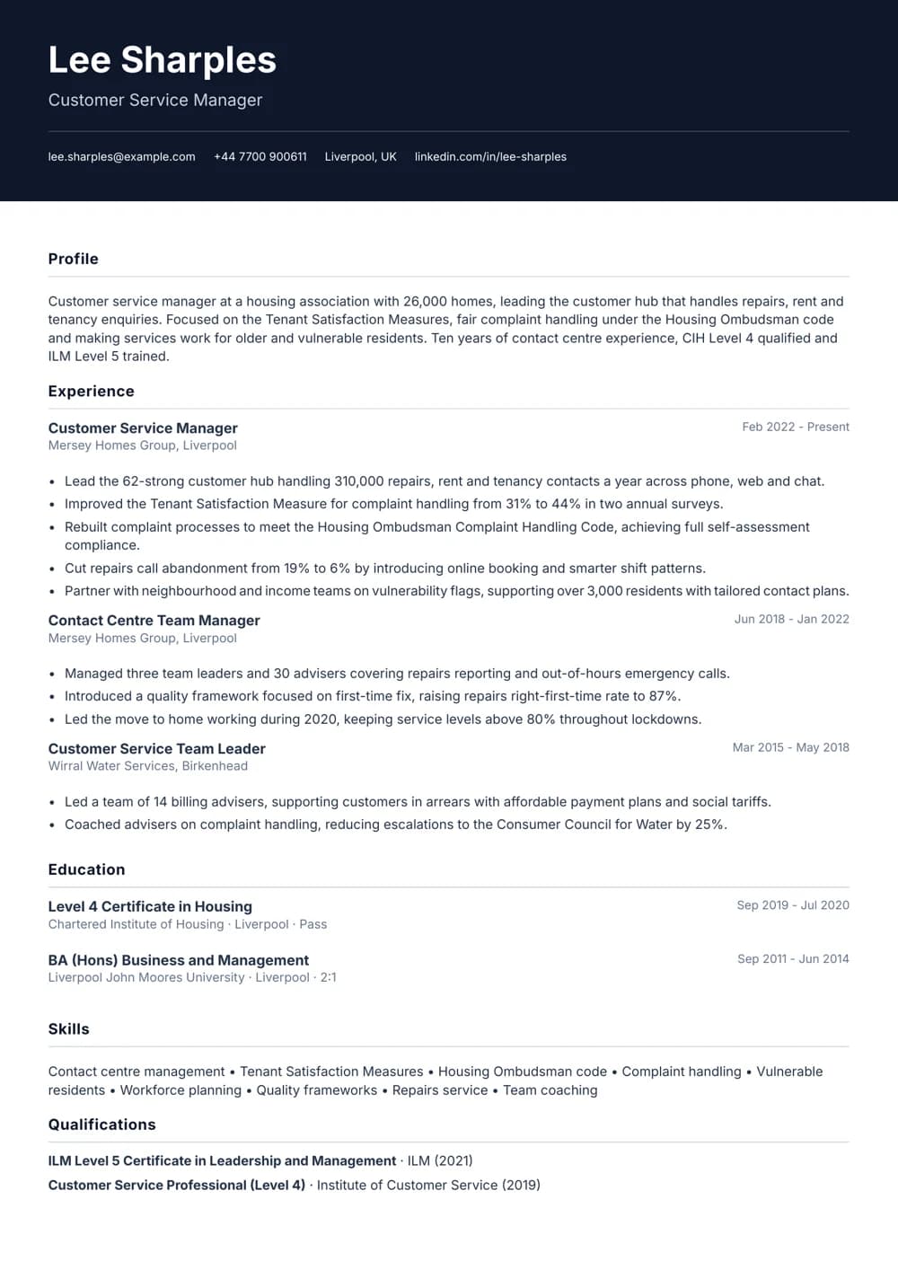 Housing Customer Service Manager CV template