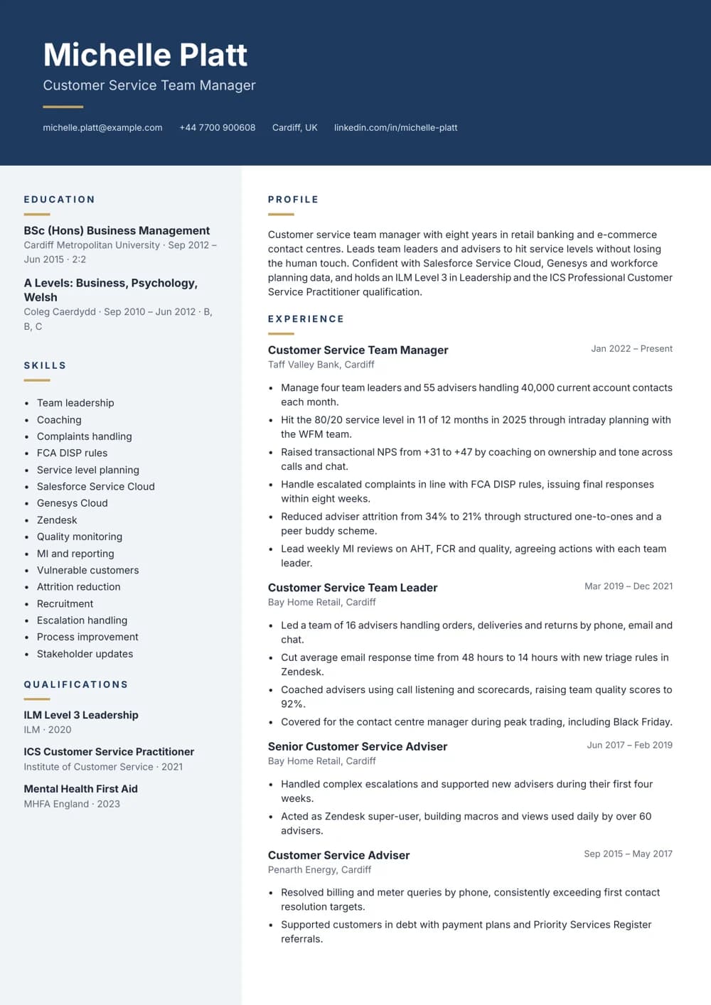 Customer Service Team Manager CV template