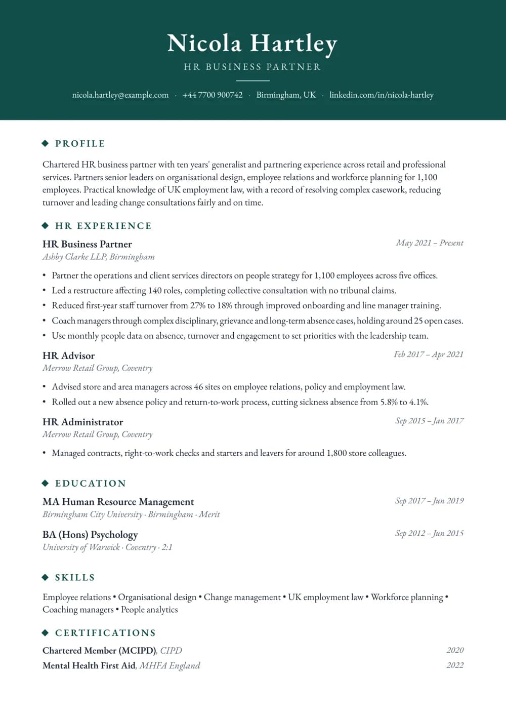 free cv template teal banner