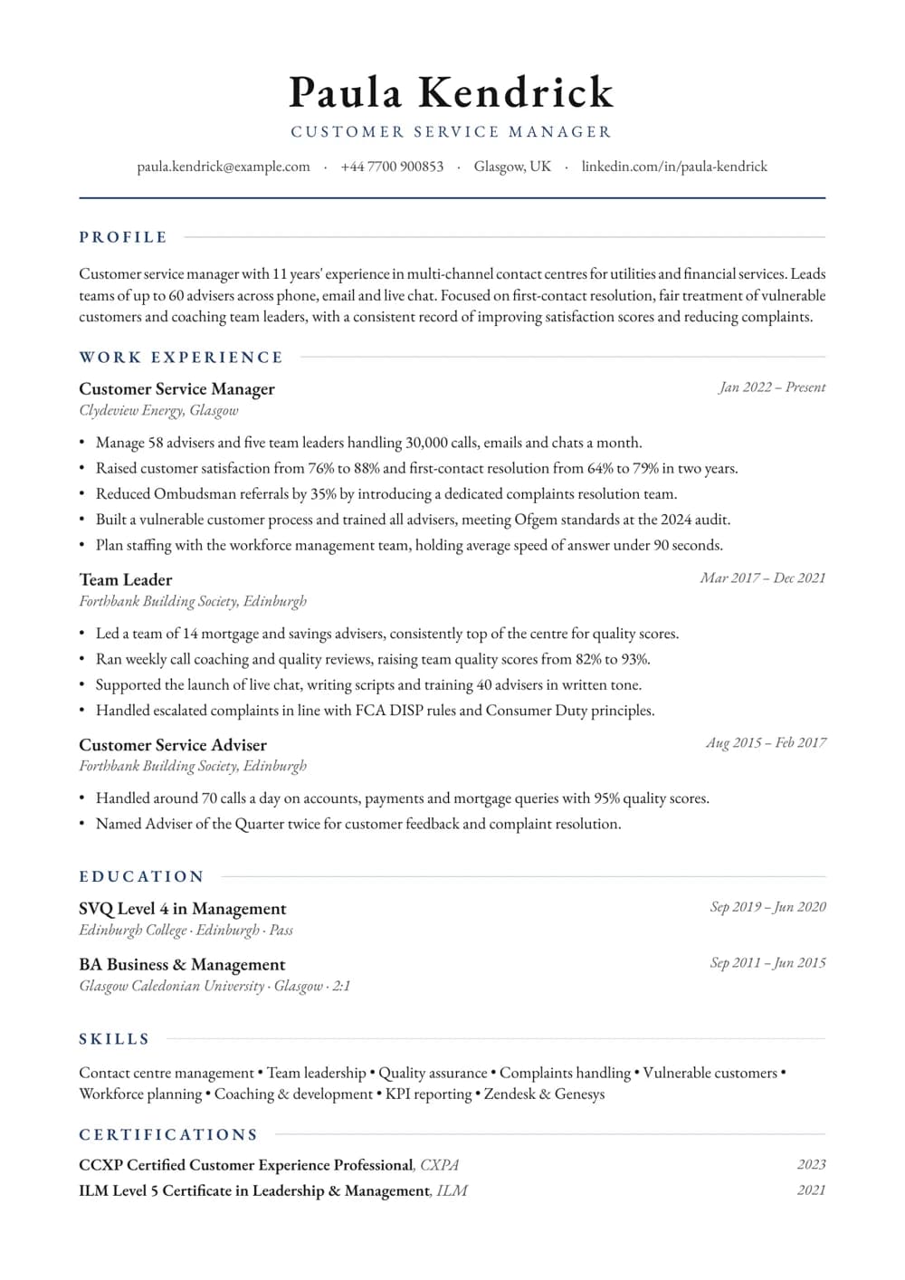 Customer Service Manager CV template