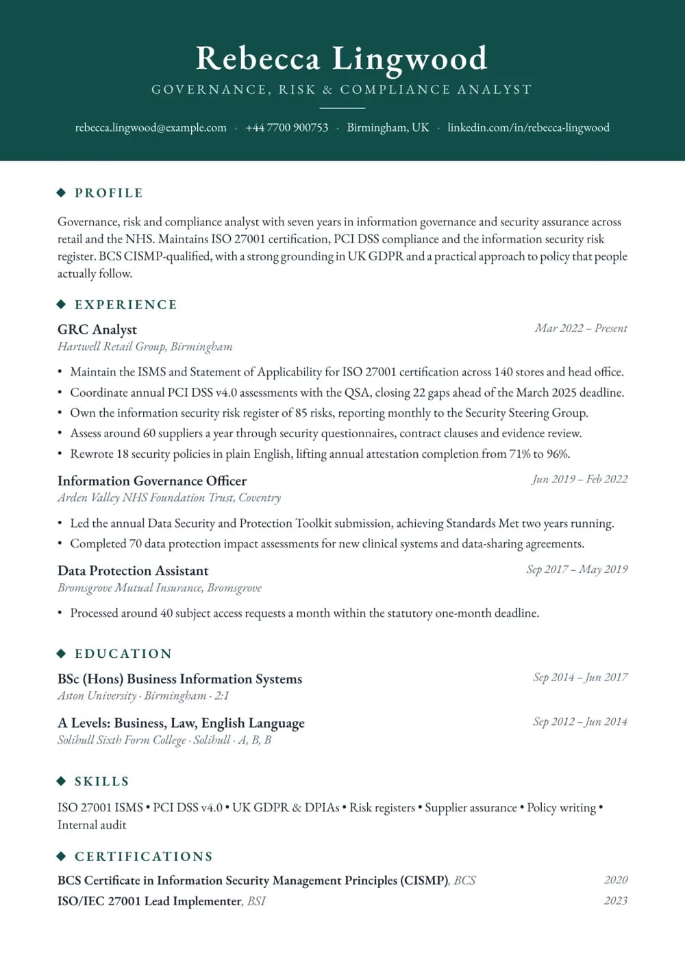 GRC Analyst CV template