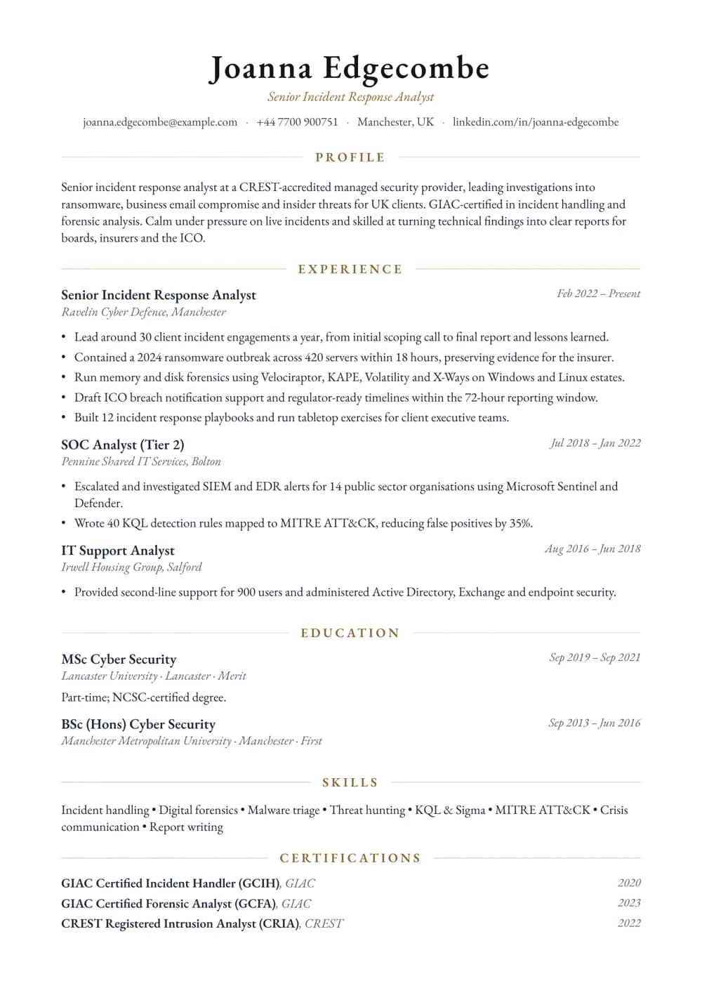 Incident Response Analyst CV template