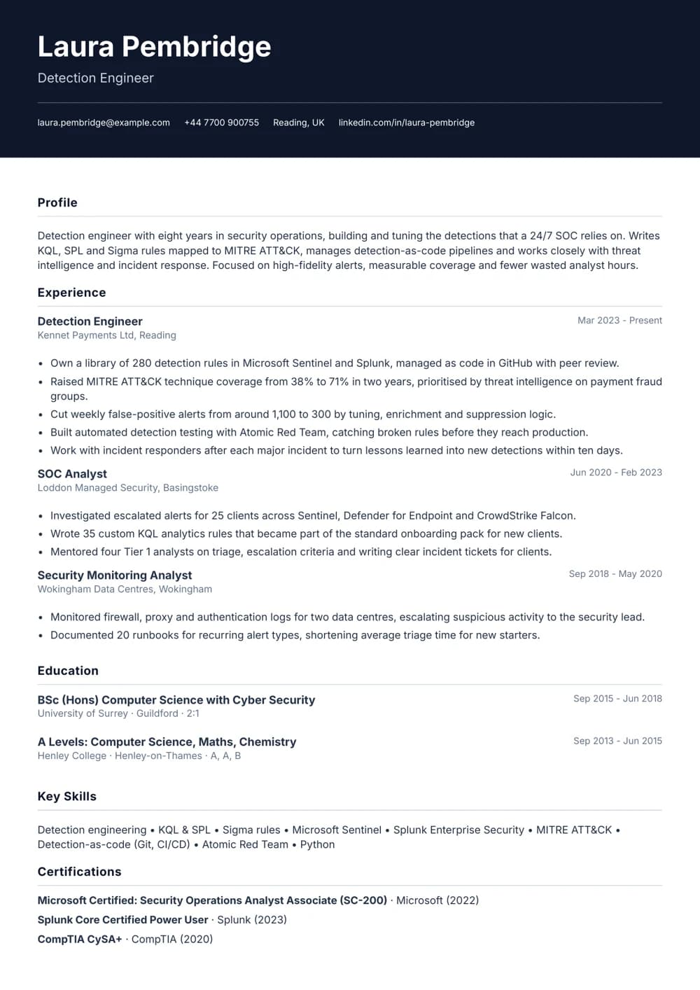 Detection Engineer CV template