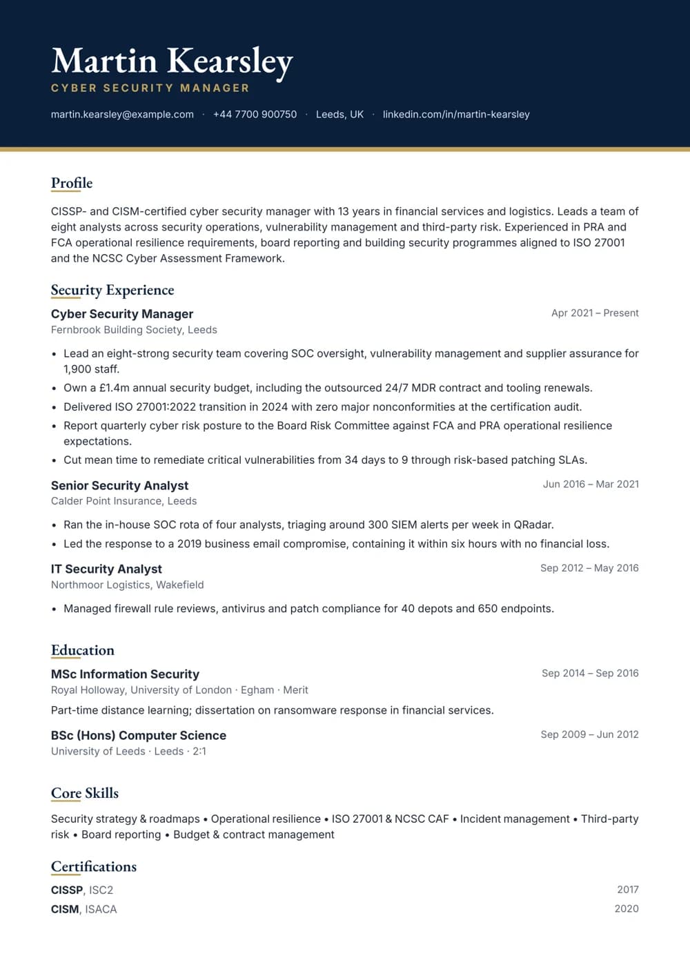 Cyber Security Manager CV template