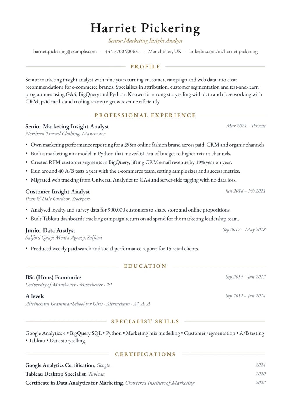 Marketing Insight Analyst CV template