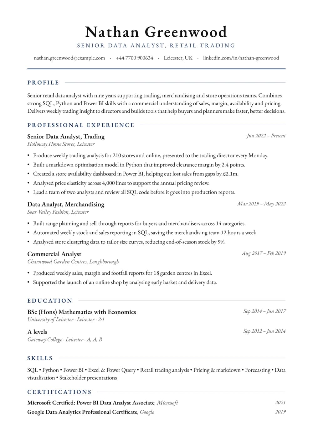 Retail Data Analyst CV template