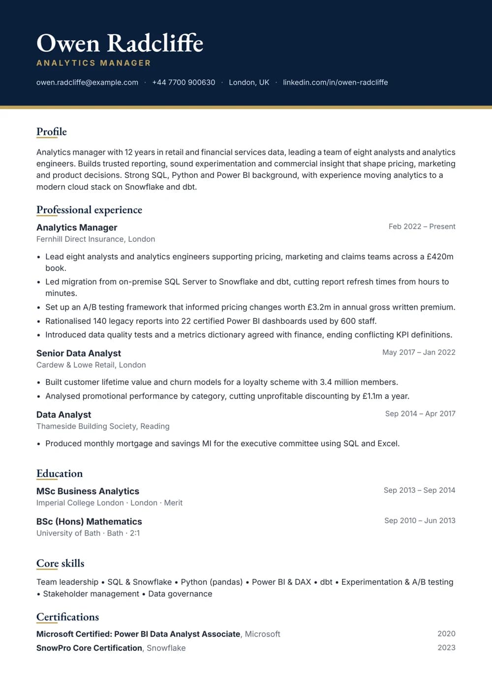 analytics manager cv template