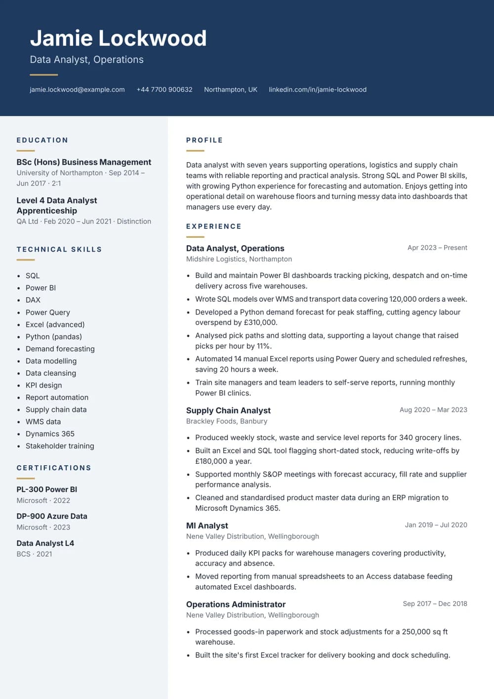 Operations Data Analyst CV template