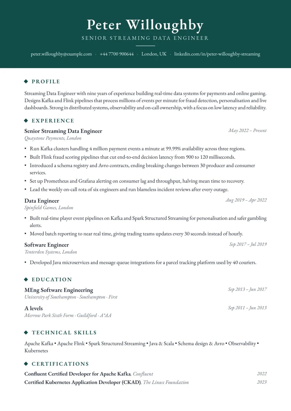 Streaming Data Engineer CV template