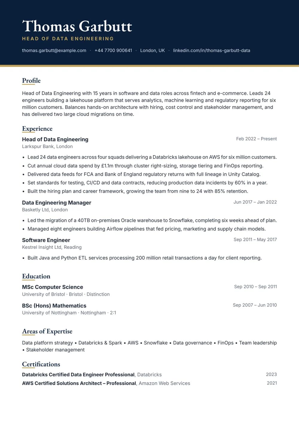Head of Data Engineering CV template