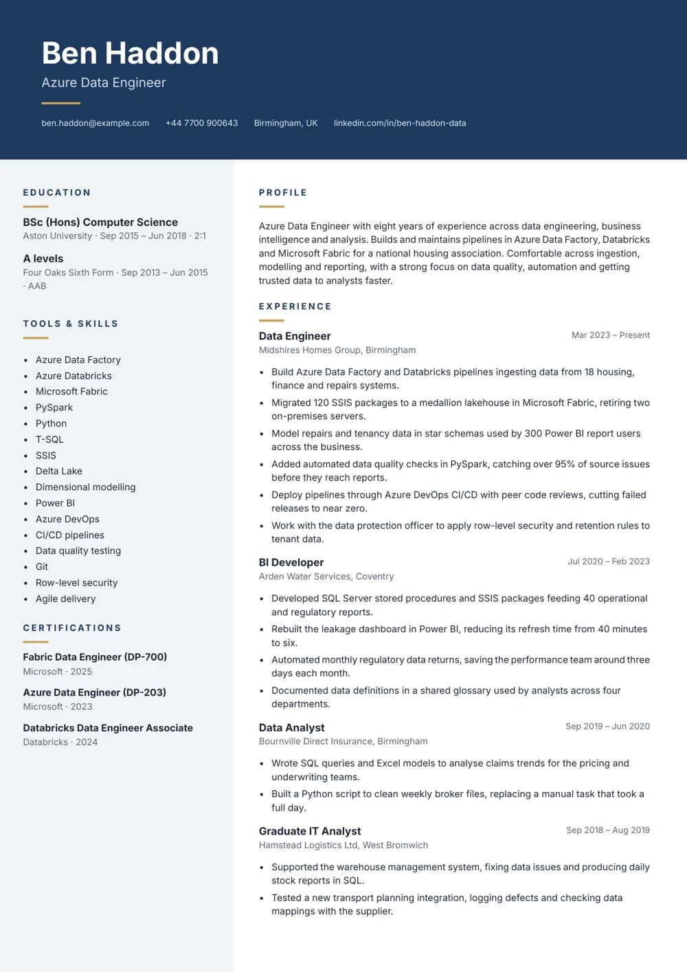 Azure Data Engineer CV template