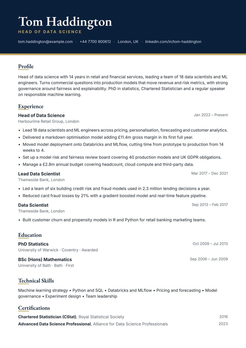 head of data science cv template