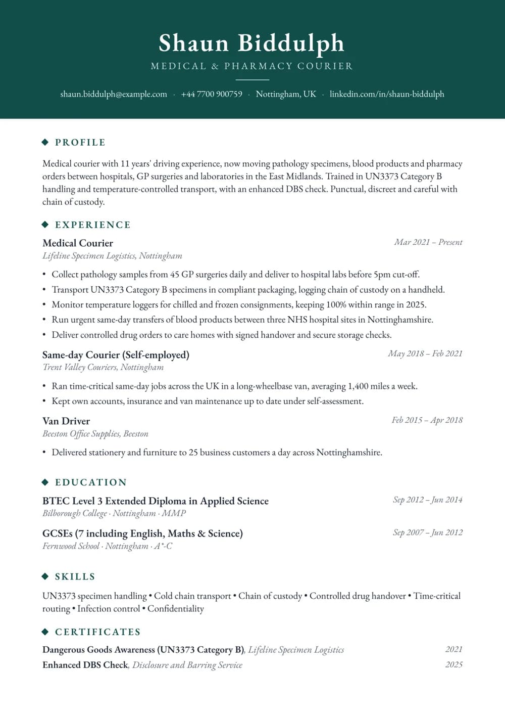 medical courier cv template