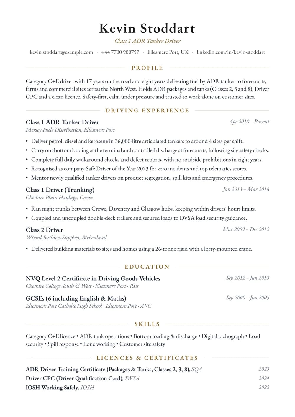 ADR Tanker Driver CV template