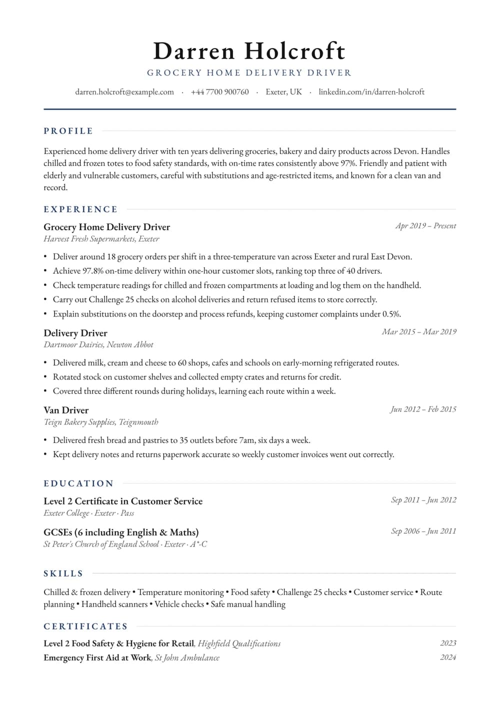 Grocery Home Delivery Driver CV template